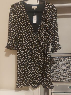 LOFT Black Mini Wrap Dress with Cream Floral Print